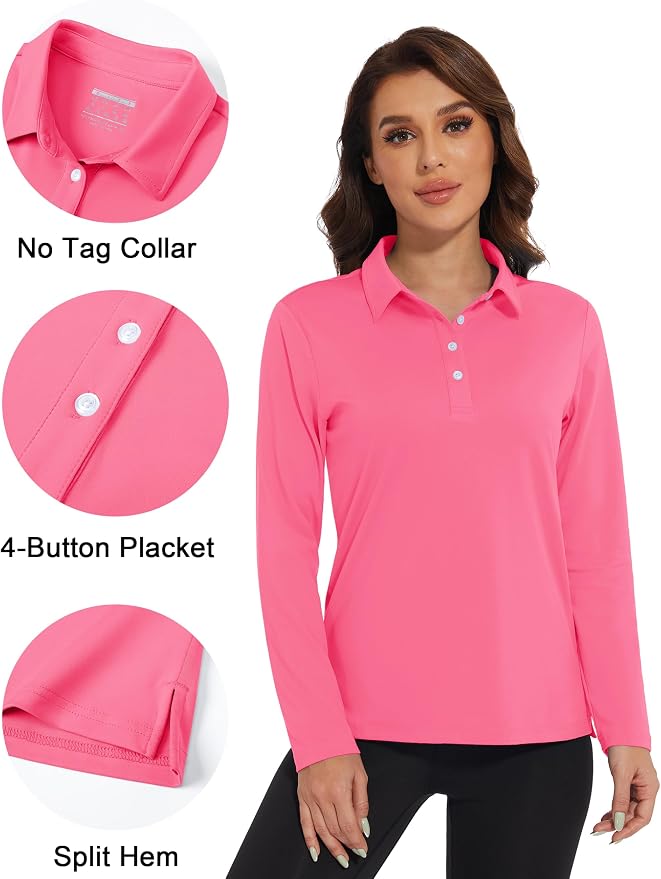 MAGCOMSEN Long Sleeve Polo Shirts for Women Golf Tops with Collar Work | UPF 50+ Sun Protection, 4 Buttons, Moisture Wicking, Breathable, 4-Way Stretch, Collared, Quick Dry, Active, Casual, Tennis