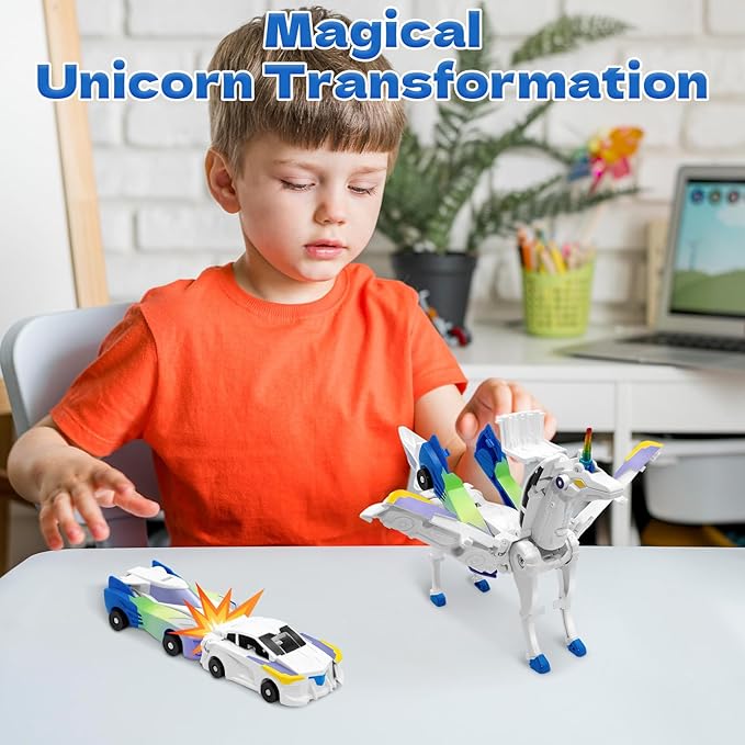 Unicorn Collision Transforming Cars Toy for Girls Boys, 2 Magnetic Cars Transform into Magical Unicorn Collision Transforming Robot Cars Toy Deformation Christmas Birthday Gifts for Kids Blue