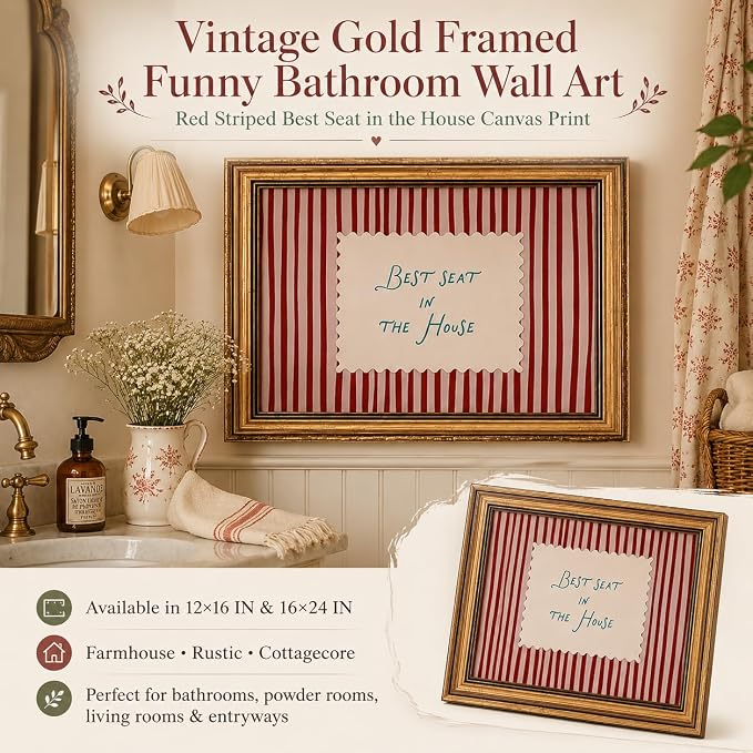 Funny Bathroom Wall Art, Vintage Gold Framed Best Seat in the House, 16x24 | Red striped canvas with Best Seat in the House quote, rustic farmhouse decor for bathroom, living room, bedroom or entryway