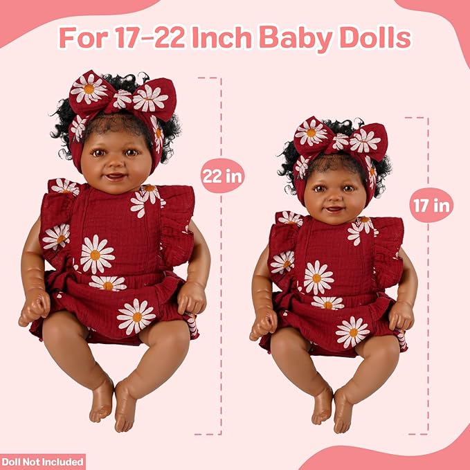 BABESIDE 2 Pcs Reborn Baby Doll Clothes with Headband for 17-22 Inch Dolls, Floral Patterns Reborn Baby Doll Accessories Set for Newborn Babydolls, Wine Red