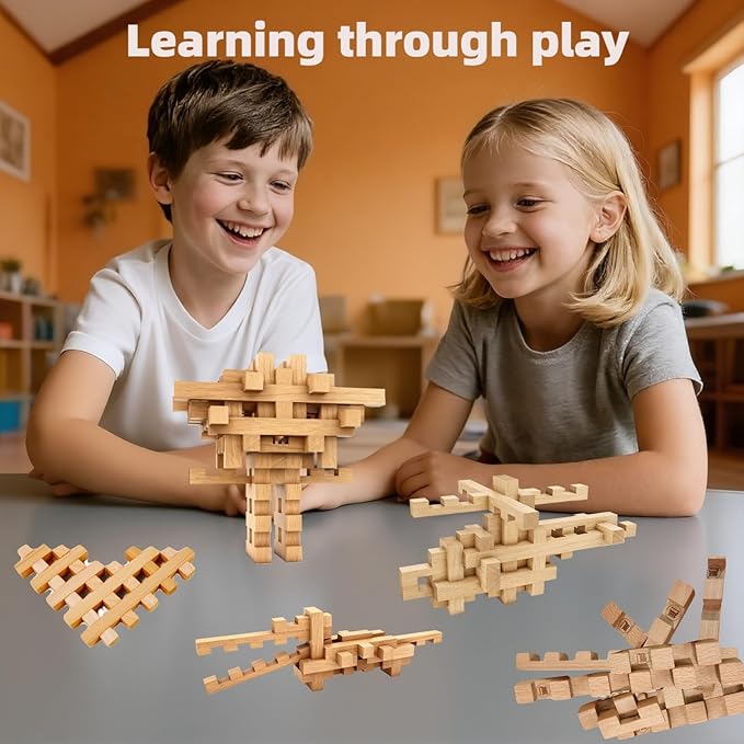 15 in 1 Educational Wooden Building Blocks - 42 Pcs Assembled into 15+ Different Shapes, STEM Toy Gift for Kids, Learning Toys for Ages 3+ and Adults