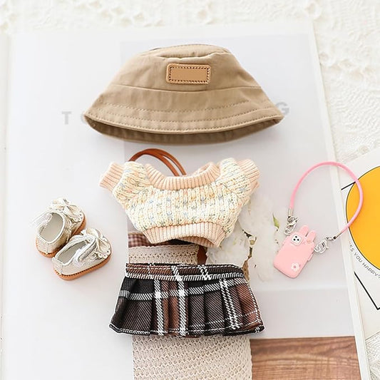 Clothes for 17cm Dolls Sweater Clothes Accessories(No Doll Only Clothes), Stylish Outfit Suitable for 6.69inch (17cm) Doll Soft Clothing Replacement(BrownA+hat+Dress+mini Pendant+Shoes)