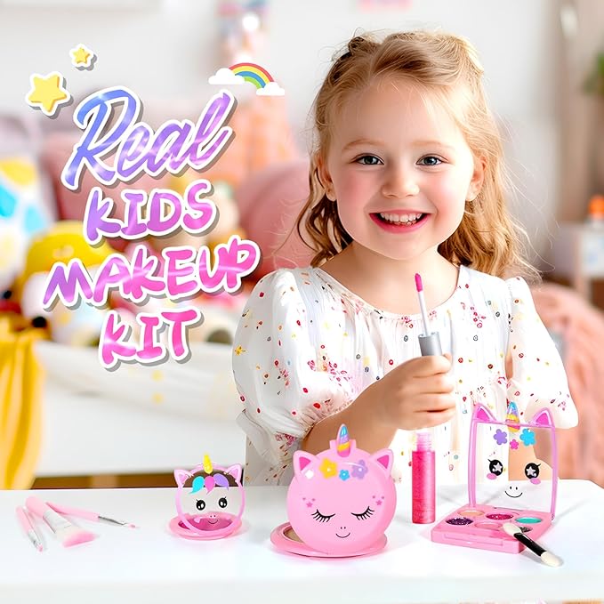 ULOVEME Kids Washable Makeup Kit for Girls 4-6 with Small Coin Purse(5.5x5.25in) - Real, Non Toxic Make Up Toy Gift- Umicorn Gift Set (Pink Coin Purse)