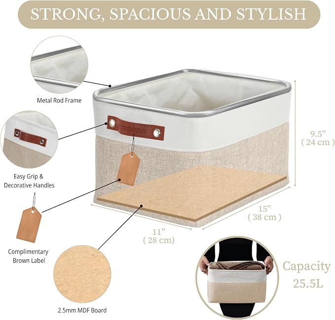 DECOMOMO Storage Bins, Large Fabric Storage Baskets for Shelves 4 Pack | 15 x 11 x 9.5 inches Decorative Linen Closet Organizers (Beige & White)