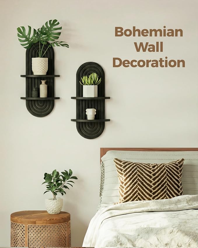 Bamworld Boho Wall Decor Plant Wall Shelf Wood Plant Holder Walnut 2PCS | Mid Century Modern Decor Hanging Plant Shelf Wooden Floating Shelves for Home Bedroom Living Room Holding Planter Decoration