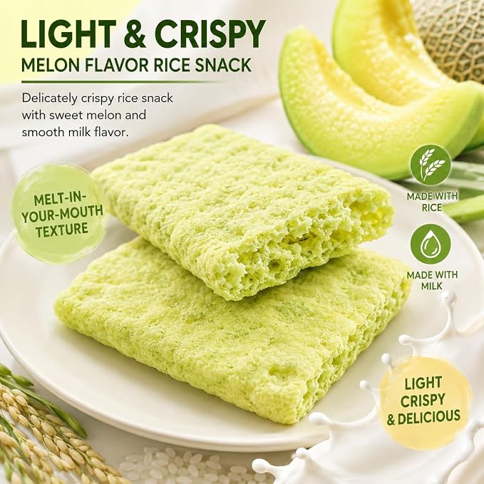 Milk Classic Muskmelon Rice Snack, Crispy Korean Style Rice Crackers, Individually Wrapped Sweet Melon Flavor Snack, Non-Fried Light Snack, 8.46 oz