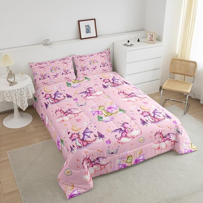 Feelyou Dragon Comforter Set Full Size Kawaii Stuff Comforter for Boys Girls Teens Cute Bedding Set Dragon Decor Duvet Set Room Decor Pink Quilt Set