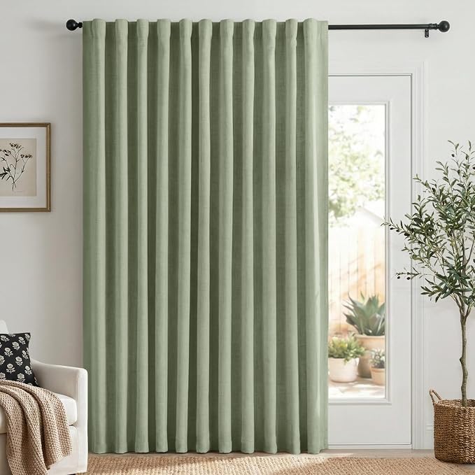 100% Blackout Shield Linen Blackout Sliding Door Curtains for Living Room, Back Tab/Rod Pocket Thermal Insulated Curtains for Sliding Glass Doors, 1 Panel Set, 100" W x 96" L, Sage