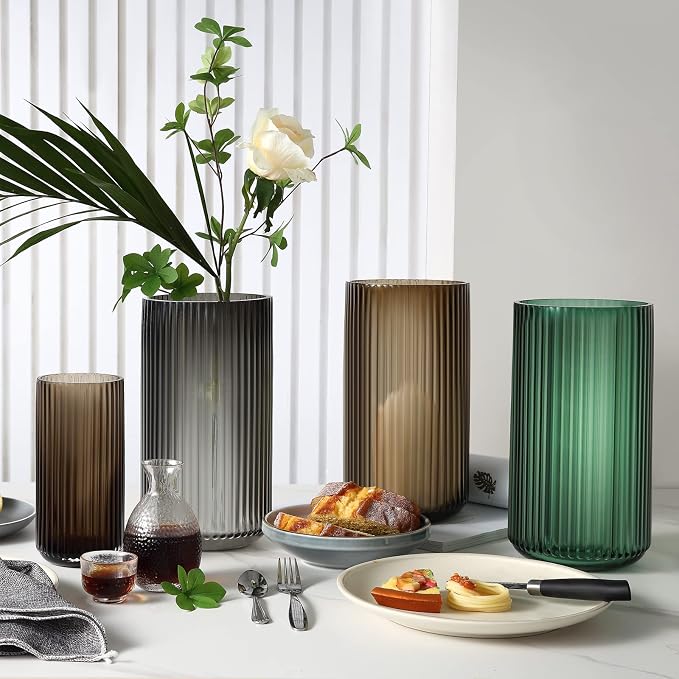 Large Cylinder Ribbed Green Glass Flower Vase for Farmhouse Dining Table Centerpieces Decor