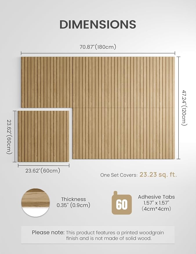 Fluxynara 6-Pack Large Felt Bulletin Board, Natural Oak Slat | 70.87" x 47.24" Cork Board Alternative, Acoustic Wall Panels with 60 Adhesive Tabs for Recording Studios and Home Offices