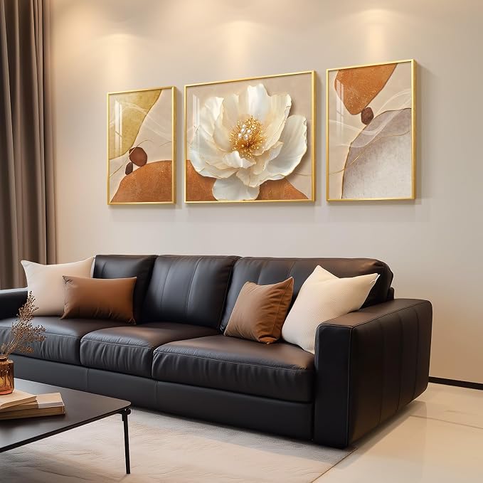 Extra Large Framed Modern Elegant Gold Floral Wall Art for Living Room, 3 Piece Bright Style Art Prints Paintings Artwork for Walls, Gold Frame Luxury Pictures for Hallway Stair Office Wall Decor