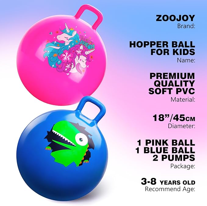 ZOOJOY Hopper Ball 2 Pack, 18 in Hopping Balls for Kids 3-8, Bouncy Ball with Handle for Boys & Girls Indoor Outdoor Play, Inflatable Bounce Hippity Hop Toys with Pump(Dinosaur & Unicorn)