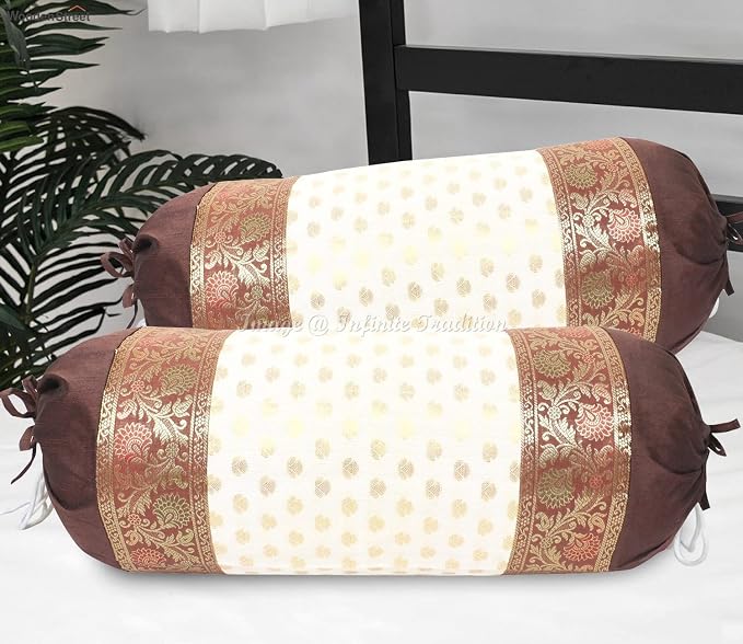 Indian Ethnic Living Room Decorative Bolster Tube Pillow Covers Cylindrical Dark Brown Yoga Couch Round Cushion Cover Brocade Silk Small Leaves Throw Pillow Case 76x38cm (30x15 inch) - 2 Pc.