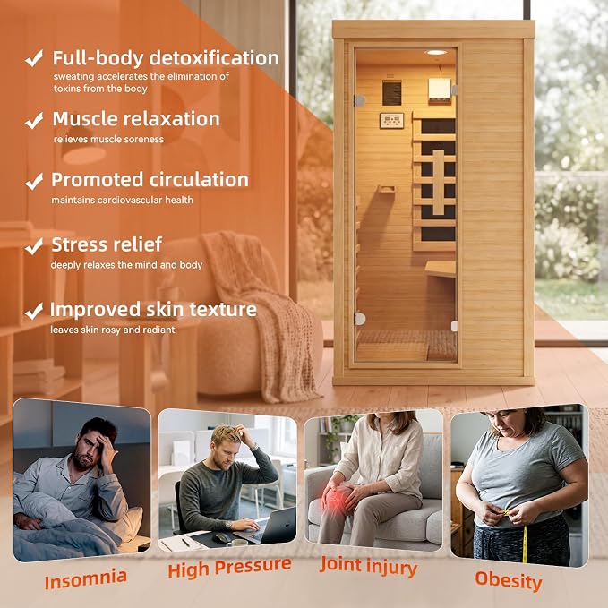 Wood Infrared Home Sauna Room, 1 Person Traditional Indoor Saunas, Canadian Hemlock Dry Sauna Spa for Low EMF with Tempered Glass Door, Bluetooth Speakers and Control Panel, 32.6 x 27.5 x 59.5 Inch