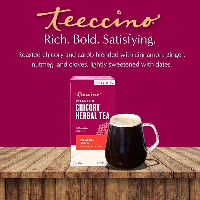 Teeccino Pumpkin Spice Herbal Tea - Rich & Roasted Autumn Harvest Tea That’s Caffeine Free & Prebiotic for Delicious Comfort, 25 Tea Bags