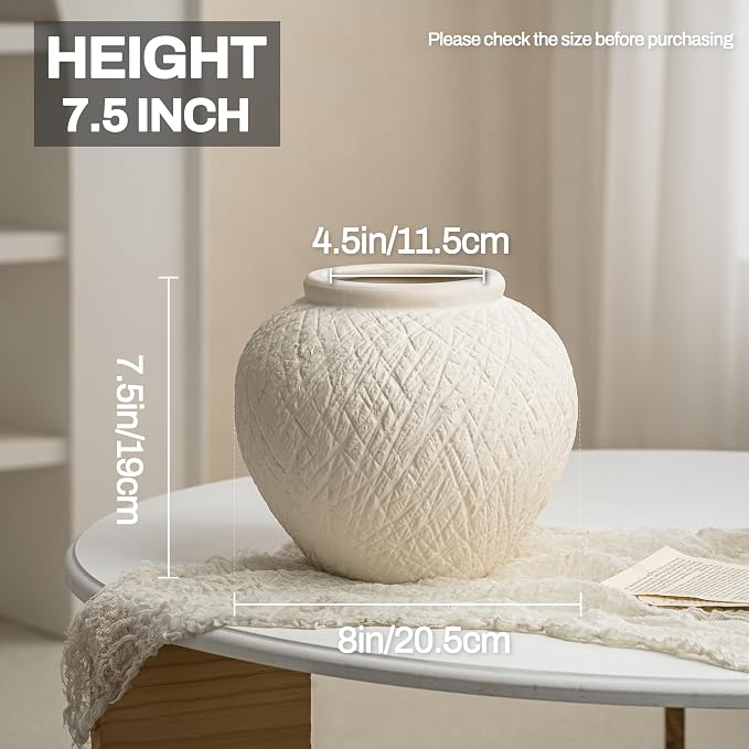 7.5in Round Ceramic Flower Vase, Modern Decorative Textured Vase Home Decor | Unique Rustic Farmhouse Terracotta Vases for Bedroom Living Room Table Centerpieces Shelf Cabinet Wedding Decorations