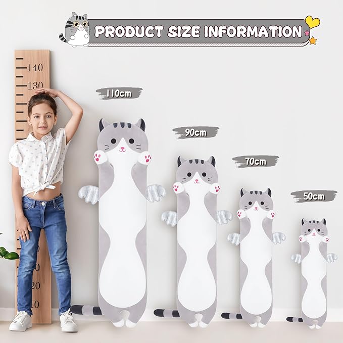 Soft Plush Pillow, Grey Long Kitten Plushie Kawaii Cat Stuffed Toy for Kids (90cm/35.4inch)