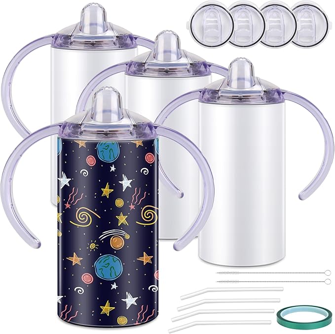 Sublimation Sippy Cup Blank, 4 Pack 12oz Kids Sublimation Tumblers with Straws, Insulated Straight Tumbler with Handle and Spill-proof Lid Toddler Sippy Water Bottle