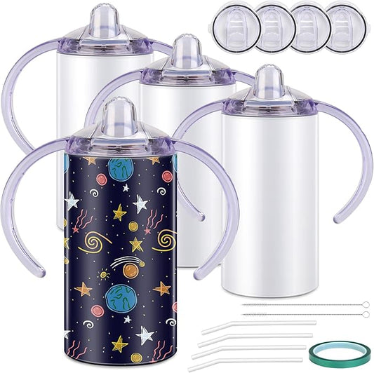 Sublimation Sippy Cup Blank, 4 Pack 12oz Kids Sublimation Tumblers with Straws, Insulated Straight Tumbler with Handle and Spill-proof Lid Toddler Sippy Water Bottle