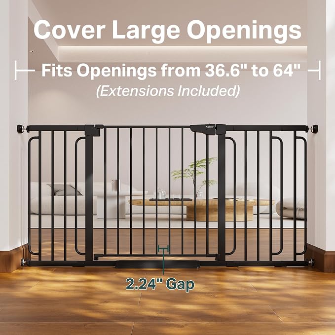 Cumbor 36.6-64" Extra Wide Baby Gate for Stairs, Dog Gates for Doorways, Auto-Close Pet Gate Indoor, Pressure Mounted Walk Through Safety Child Gate for Kids Toddler, Tall Pet Puppy Fence Gate, Black