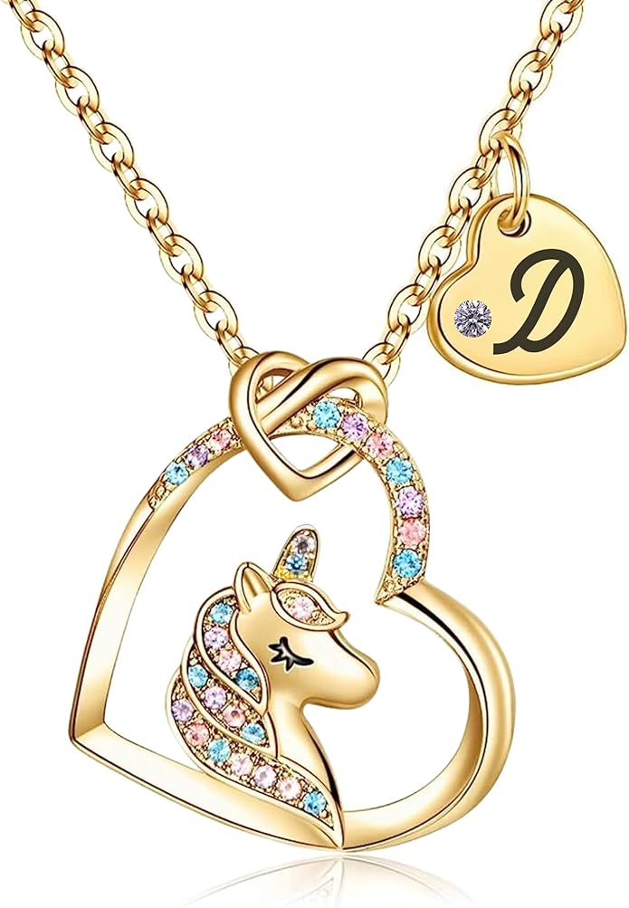 Valentines Day Gifts for Kids Girls - Unicorn Necklace for Girls with Initial Heart Pendant & Gift Box, 18K Gold Fashion Kids Jewelry, Colorful Heart Necklace for Birthdays & Costume Parties.