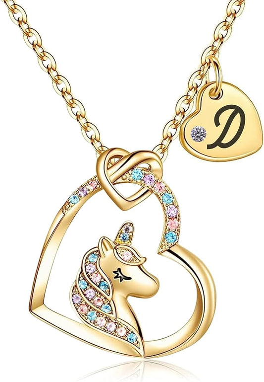 Valentines Day Gifts for Kids Girls - Unicorn Necklace for Girls with Initial Heart Pendant & Gift Box, 18K Gold Fashion Kids Jewelry, Colorful Heart Necklace for Birthdays & Costume Parties.