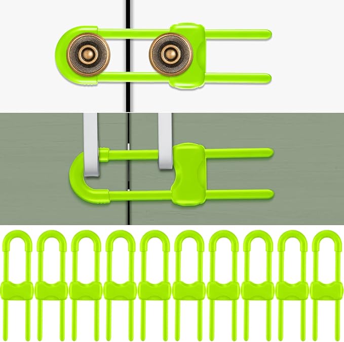Jetec 10 Pack Baby Cabinet Locks, No Adhesive No Drill Child Safety Locks for Cabinets with Knobs or Handles, Adjustable U-Shaped Child Proof Latches for Cupboards, Fridge, Closet, Pets(Green)