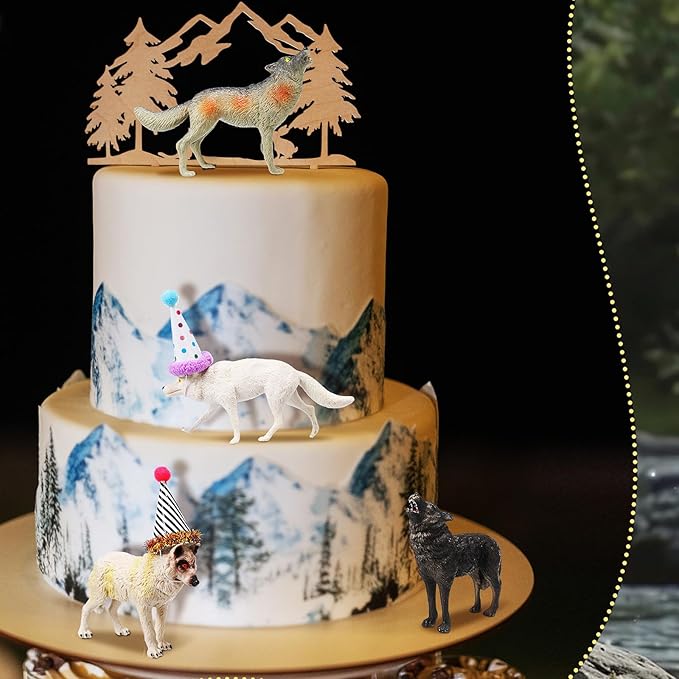 18 Pcs Wolf Miniature Birthday Hats & Figures Cake Toppers with Mini Hat for Birthday Party, Animal Themed Party