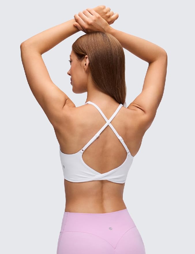CRZ YOGA Butterluxe V Neck Twist Cross Back Sports Bras for Women - Adjustable Spaghetti Straps Padded Crop Yoga Top