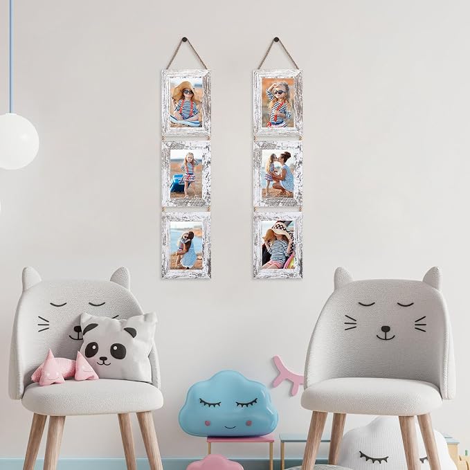 QUTREY Collage Picture Frames 4x6, 6 Openings Hanging Photo Frame Set for Vertical 4 by 6 inch Pictures for Wall, Distressed White, 2 Pack