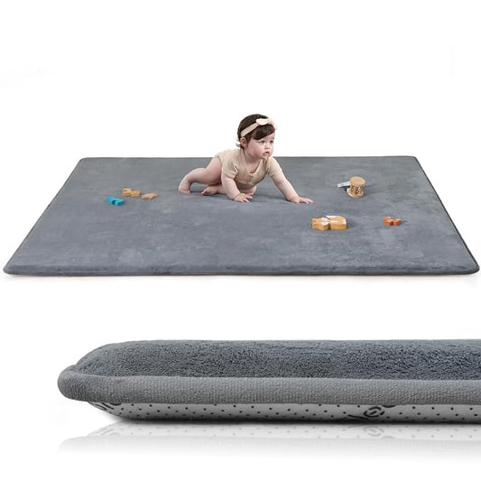 Huloo Sleep Baby Play Mat for Floor,1.3" Thick Elasti-Foam 74"×50" Playpen Mat, Non-Toxic Certified Water-Repellent Coral Velvet, Non-Slip Safe Crawling Mat for Tummy Time, Toddler & Infant (Dark Grey)