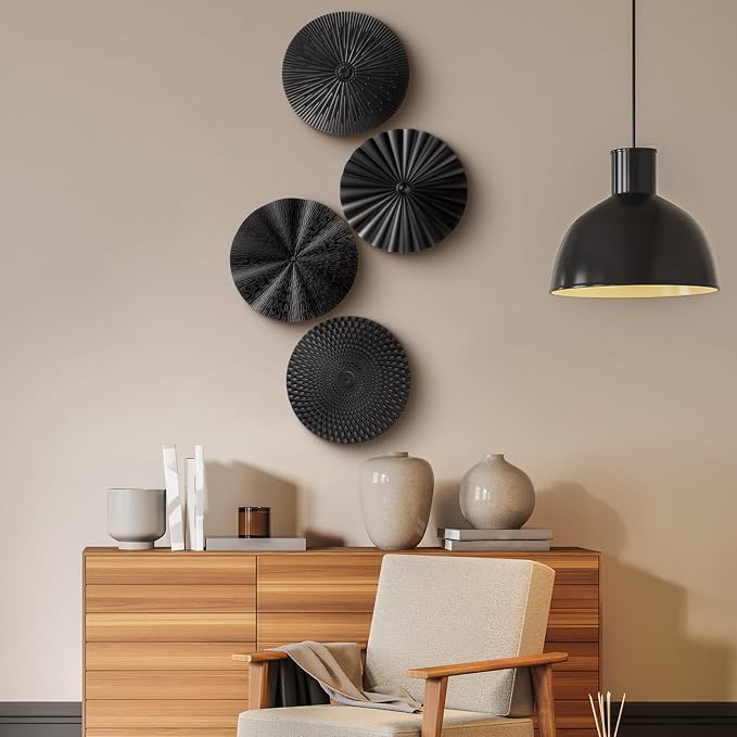 Hicarer 4 Pcs 12 Inch Black Metal Wall Art Decoration Modern Sunburst Hanging Artwork Decor Wall Decorations for Home Bedroom Bathroom Living Room Office Sculpture