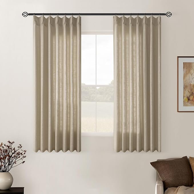 Grey Beige Pinch Pleat Linen Kitchen Curtains 45 Inches Long 2 Panels | Basement Short Curtains for Small Bay Window, Pinch Pleated with Hooks Rings Back Tab, Thick Linen Semi Sheer, W40xL45