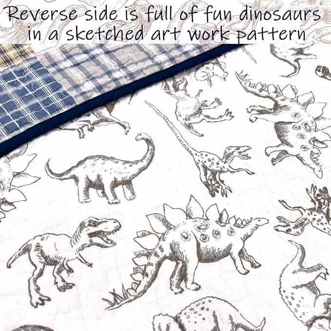 Cozy Line Home Fashions Benjamin Cute Dinosaur Plaid Navy Blue White Grey Bedding Quilt Set 100% Cotton Reversible Coverlet Bedspread Set for Kids Boy(Twin - 2 Piece)