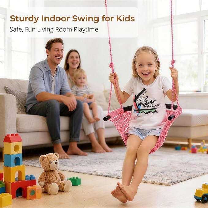 JKsmart Swing Seat for Kids Heavy Duty Rope Play Secure Children Swing Set,Perfect for Indoor,Outdoor,Playground,Home,Tree,with Snap Hooks and Swing Straps,440 lbs Capacity,Pink