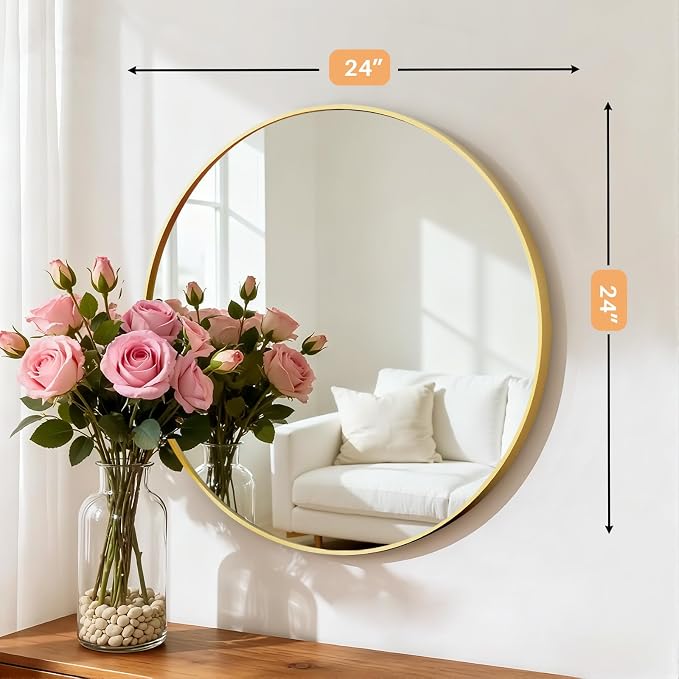 24 Inch Round Bathroom Mirror for Wall, Matte Gold Metal Framed | Circle Vanity Mirror for Bathroom Bedroom Living Room Entryway, Anti-Rust, Tempered Glass, Hanging or Leaning