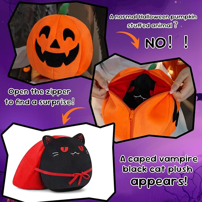 Halloween Pumpkin Plush Toy, Reversible Vampire Black Cat Stuffed Animal with Red Cloak, Cute Halloween Plushies Gift and Party Decoration for Boys Girls 10 Inch