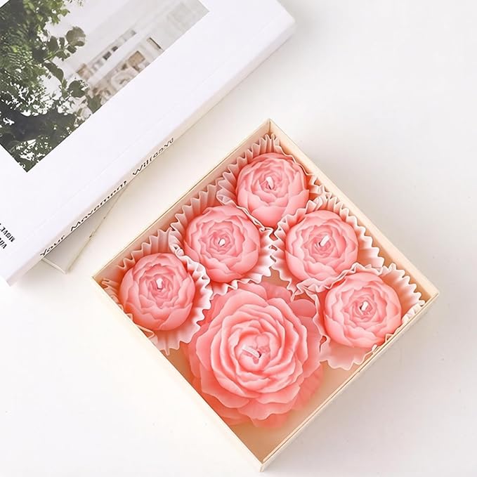 Flower Candles, Rose Peony Shaped Scented Floral Candle (Pink) | 6-Pack Handmade Aromatherapy for Spa Party Wedding Home Decor