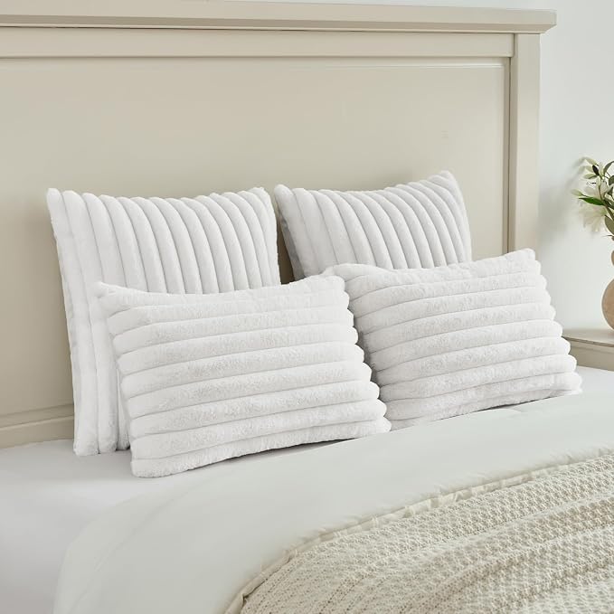 FUTEI Pack of 2 Faux Fur Throw Pillow Covers 24x24 Inch, White | Fluffy Faux Rabbit Fur Front/Premium Velvet Back,Hidden Zipper,Machine Washable,Non-Shedding,Colorfast,Insert Not Included.