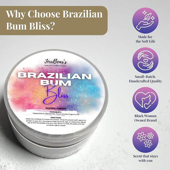 Brazilian Bum Bliss Dusting Powder, Talc Free Body Formula for Women, Soft Scented Skin Care, Gentle Powder for Daily Freshness, (4oz Jar) | Talc Free Body Formula, Soft Scented Skin Care, Gentle Powder for Daily Freshness, Includes Puff Application
