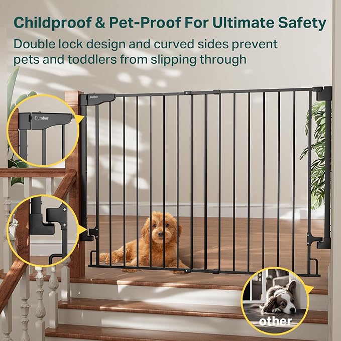 Cumbor 34" Extra Tall No Bottom Bar Baby Gate for Stairs, Hardware Mounted Dog Gate Indoor for Larger Pets, Expandable 31.6-48" Safety Gate for Doorways, Wide Walk Thru Door for Easy Access (Black)