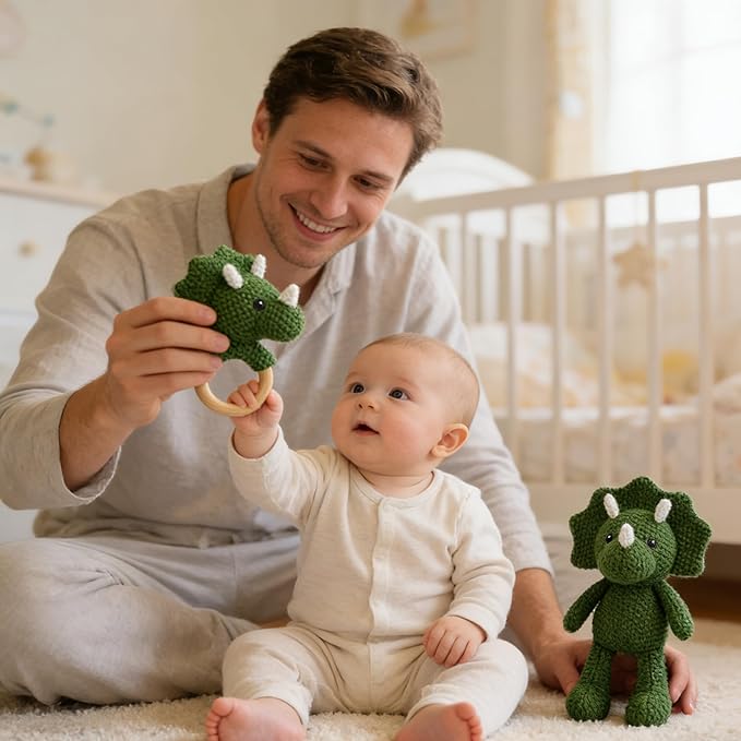 10'' Baby Green Triceratops Stuffed Animal Set with 5.9'' Dino Wooden Baby Rattle Cute Cotton Baby Boy Gifts Teething Plush Doll Toy Teddy Bear for Newborn, Baby Shower, Birthday, Easter Gift