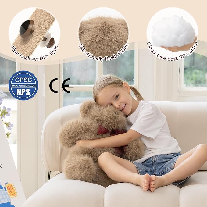 MorisMos Teddy Bear Stuffed Animal,16.5'' Brown Stuffed Bear Plush Toy for Kid Girl Boy,180° Joints Posed Cuddly Toy,Soft Long Hair Plush Teddy for Baby Shower Christams Valentine’s Birthday Gift