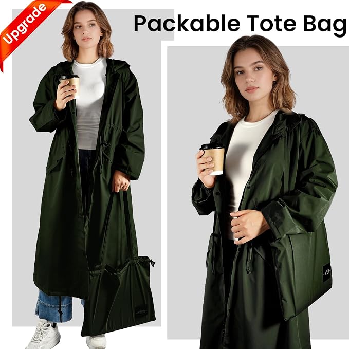 LAMA Womens Long Raincoats Rain Jacket Waterproof Packable Hooded Windbreaker Lightweight Adjustable Waist for Outdoor