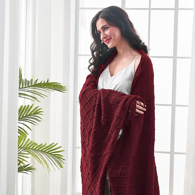 inhand Claret Knitted Throw Blanket for Couch and Bed, 50"x60" | Gifts for Mom from Daughter Son, Soft Lightweight with Tassel, Farmhouse Warm Decorative Blanket for Women, Cozy Knit