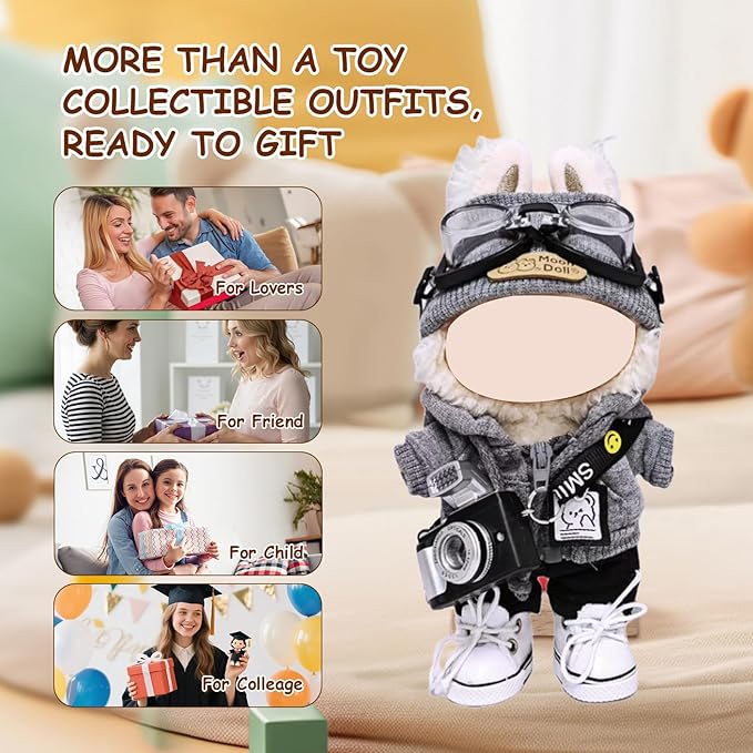17cm Doll Clothes Set (6-Pcs Outfit), Stylish Clothing for Bunny Doll with Top, Pants, Shoes & Accessories, Just Clothes