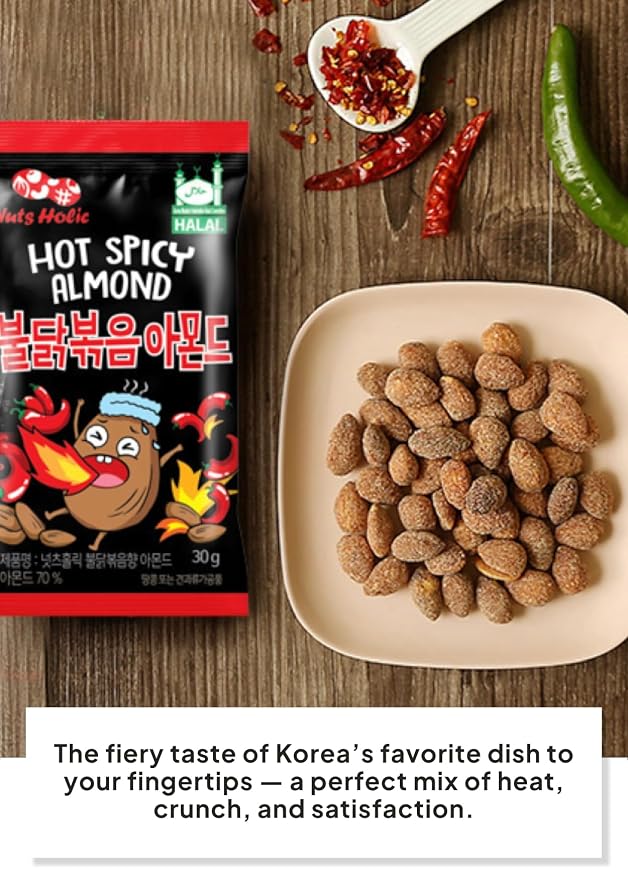 Korean Food Nuts Holic Hot & Spicy Almond, Korean Seasoned, Snack Mix, 8Pk | Hot and spicy Korean-style seasoned almond snack in convenient individual packs