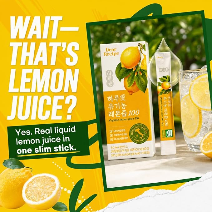 [14 Sticks] Organic 100% Pure NFC Whole Lemon Juice Sticks – 20g Each – Italian Lemon, Cold Pressed, Product of Korea, Non-GMO, No Sugar Added