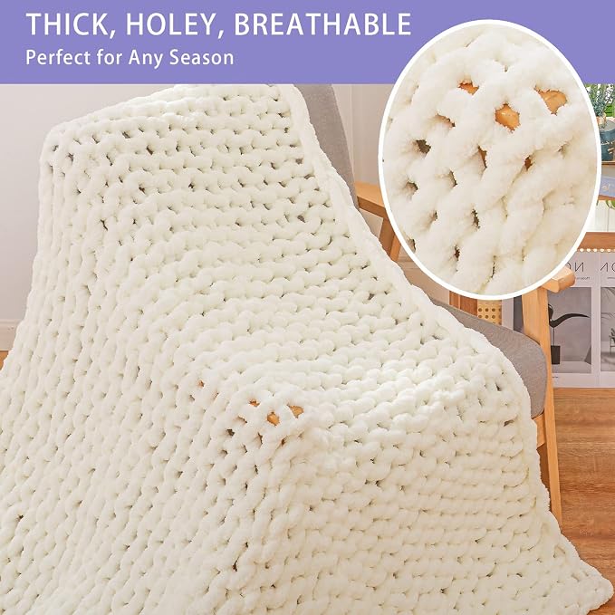 Bigacogo Chunky Knit Throw Blanket for Couch, 40x60 inches, Ivory | Hand Knit with Jumbo Chenille, Soft Breathable Cable Knit for Sofa Bed Living Room, Machine Washable, Gift for Mom Friend