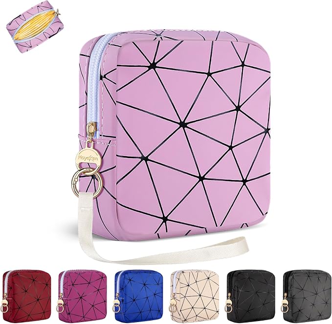 Period Bag for Teen Girls, PU Leather Sanitary Napkin Storage Bag, Menstrual Pad Bag Tampon Holder for Purse (Pink)